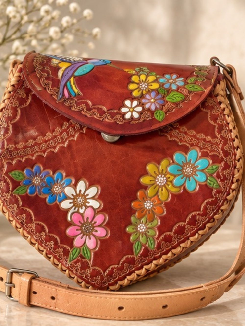 Hand Tooled Leather Heart Crossbody Bag Floral Boho Western